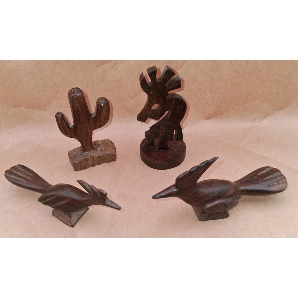 Hand Carved Mini Kokopeli 2 Roadrunners & Cactus Iron Wood Southwest Sculptures